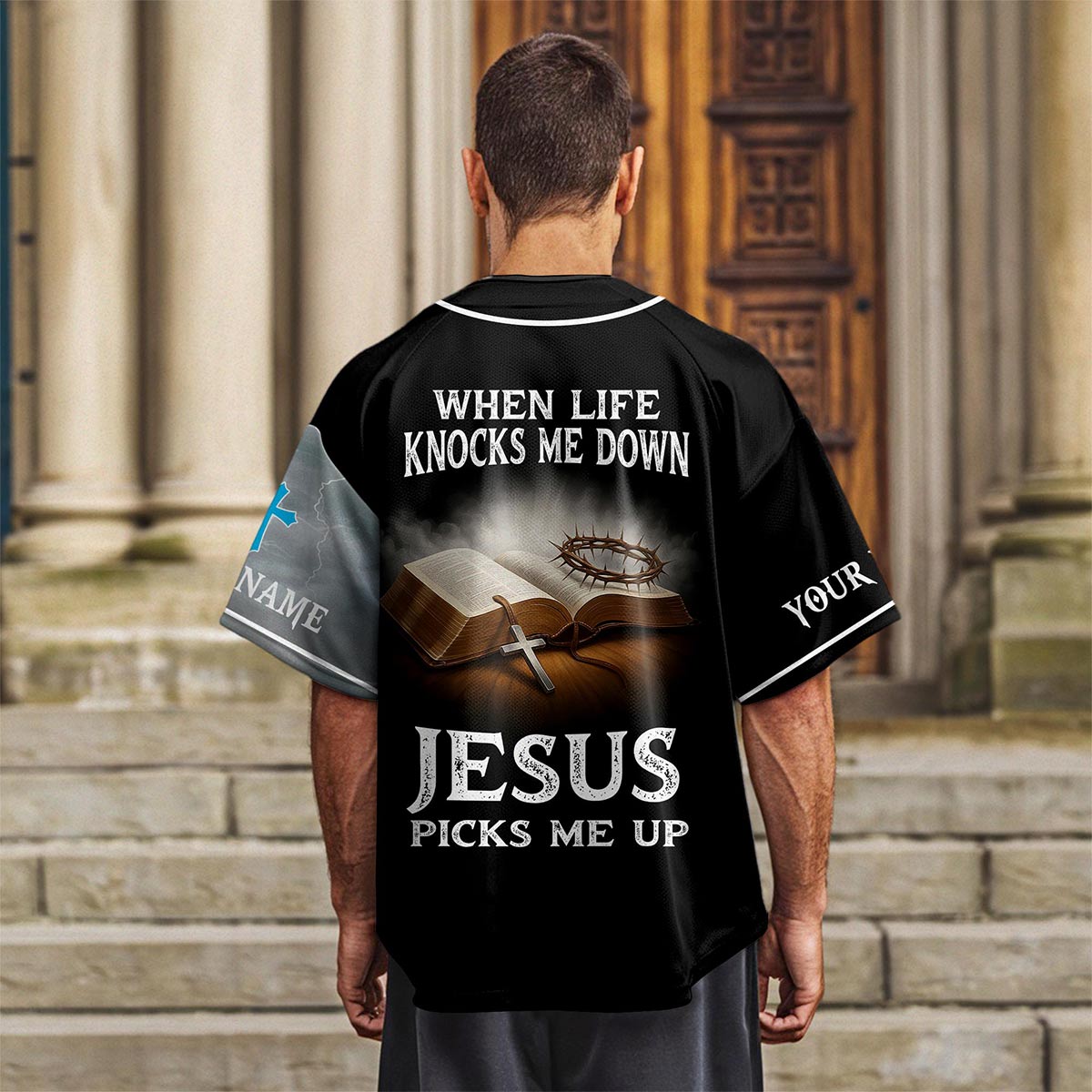 When Life Knocks Me Down Jesus Picks Me Up Custom Name Baseball Jersey