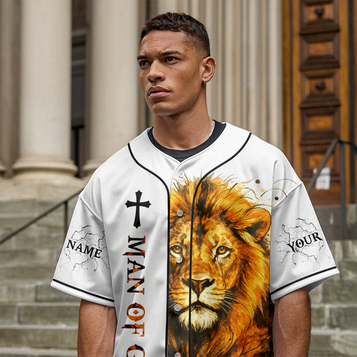 Man of Faith Lion Custom Name Baseball Jersey