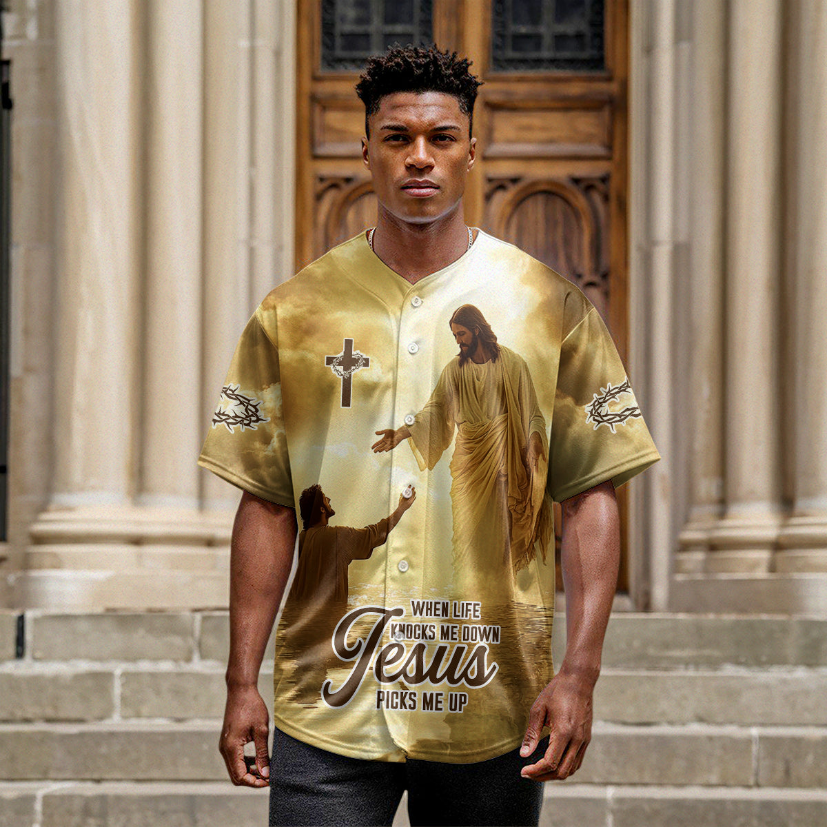 When Life Knocks Me Down Jesus Picks Me Up Custom Name Baseball Jersey