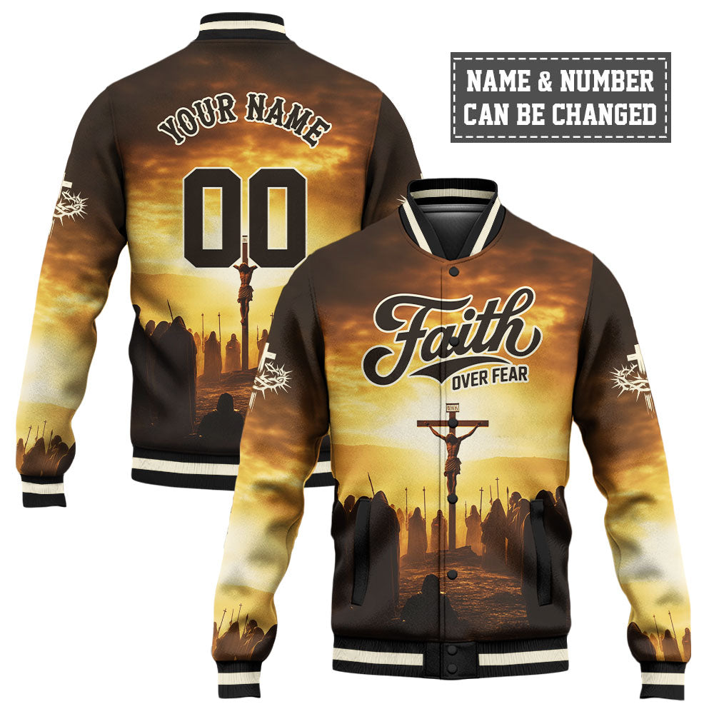 Jesus Faith Over Fear Cross Baseball Jacket